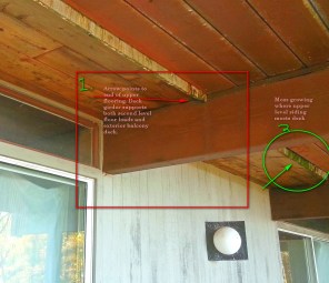 Photo depicts the underside of the Hillsdale balcony deck before the start of construction. Note 1 in the red box shows transition on the underside of floor decking to balcony decking. This beam supports floor, deck and roof loads. The green circle shows moss growing where the siding meets the decking.
