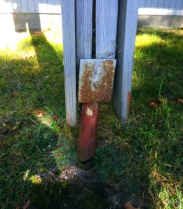 Deck used to supply these post mounts as part of their kits. These mounds made of galvanized pipe with a welded stirrup are prone to rust over time and should be replaced where possible on still existing houses.