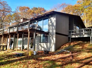 Hillsdale NY, Deck House Gerald Moore and Eli Weiner shown working in photograph. Deck girders are shored prior to deck surface removal